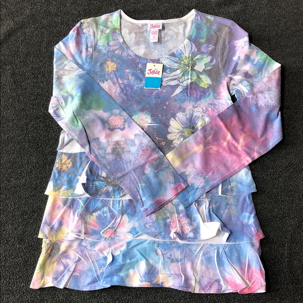 Justice Girl’s Cotton Blend Blue Floral Sublimation Long Sleeve 4-Tiered Size 12